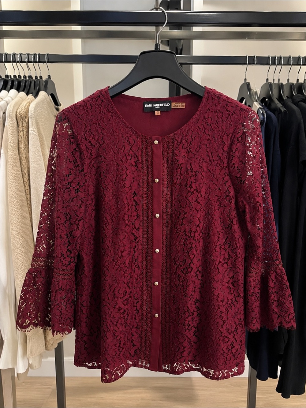 Karl Lagerfeld Wine Lace Button-Front Blouse